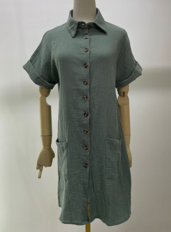 V Neck Button Front Midi Dress Short Sleeve Cotton Casual A Line Sundress