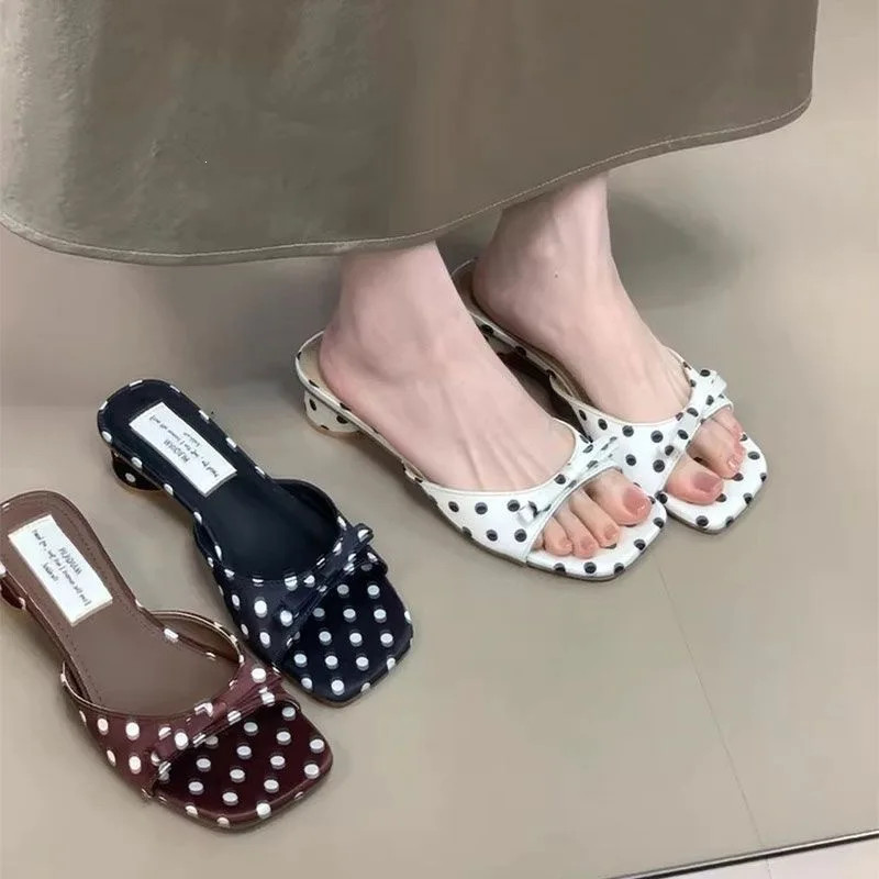 Gladiator Women Polka Dot Slippers Summer Thick Heel Mules Shoes Elegant Butter