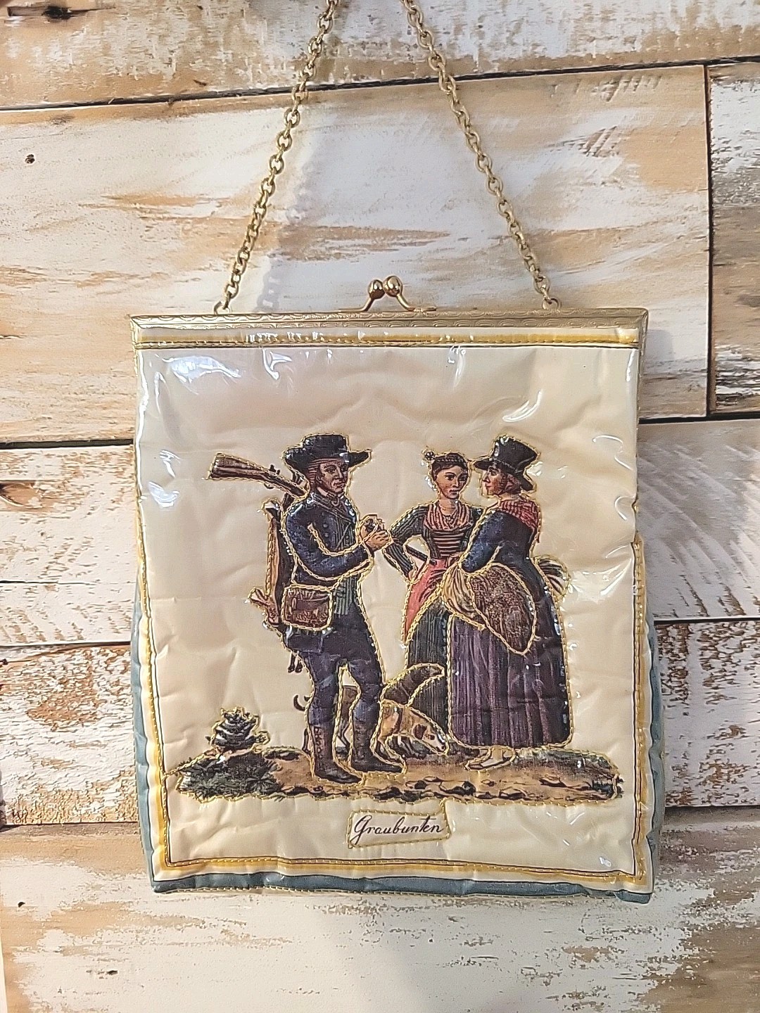 Vtg VIEUX CARRE PURSE Snap New Orleans Colonial Themed Fabric Plastic Covered