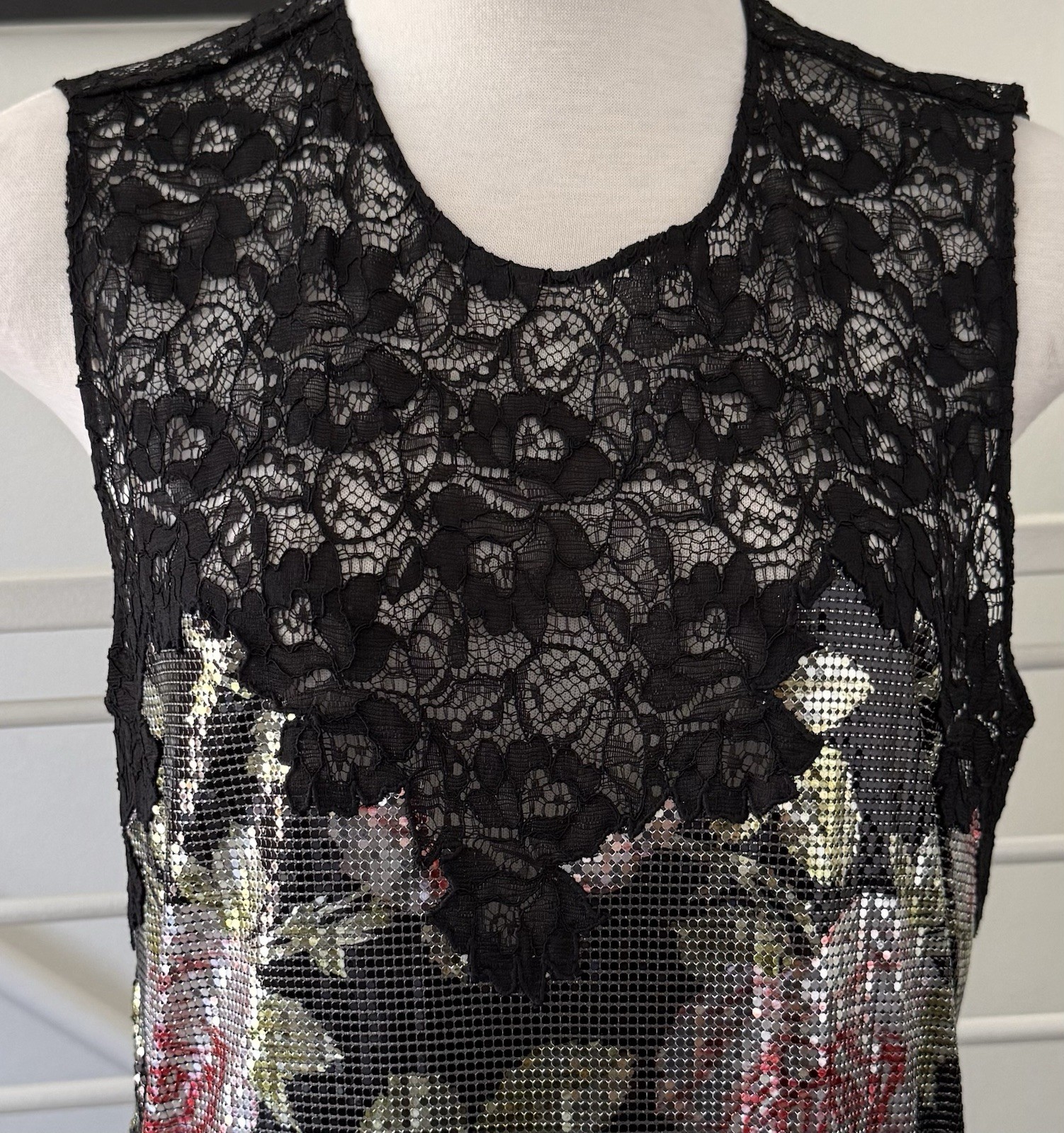 Paco Rabanne Floral-print Chainmail & Corded Black Lace Top Blouse Sz 38 FR/6 US