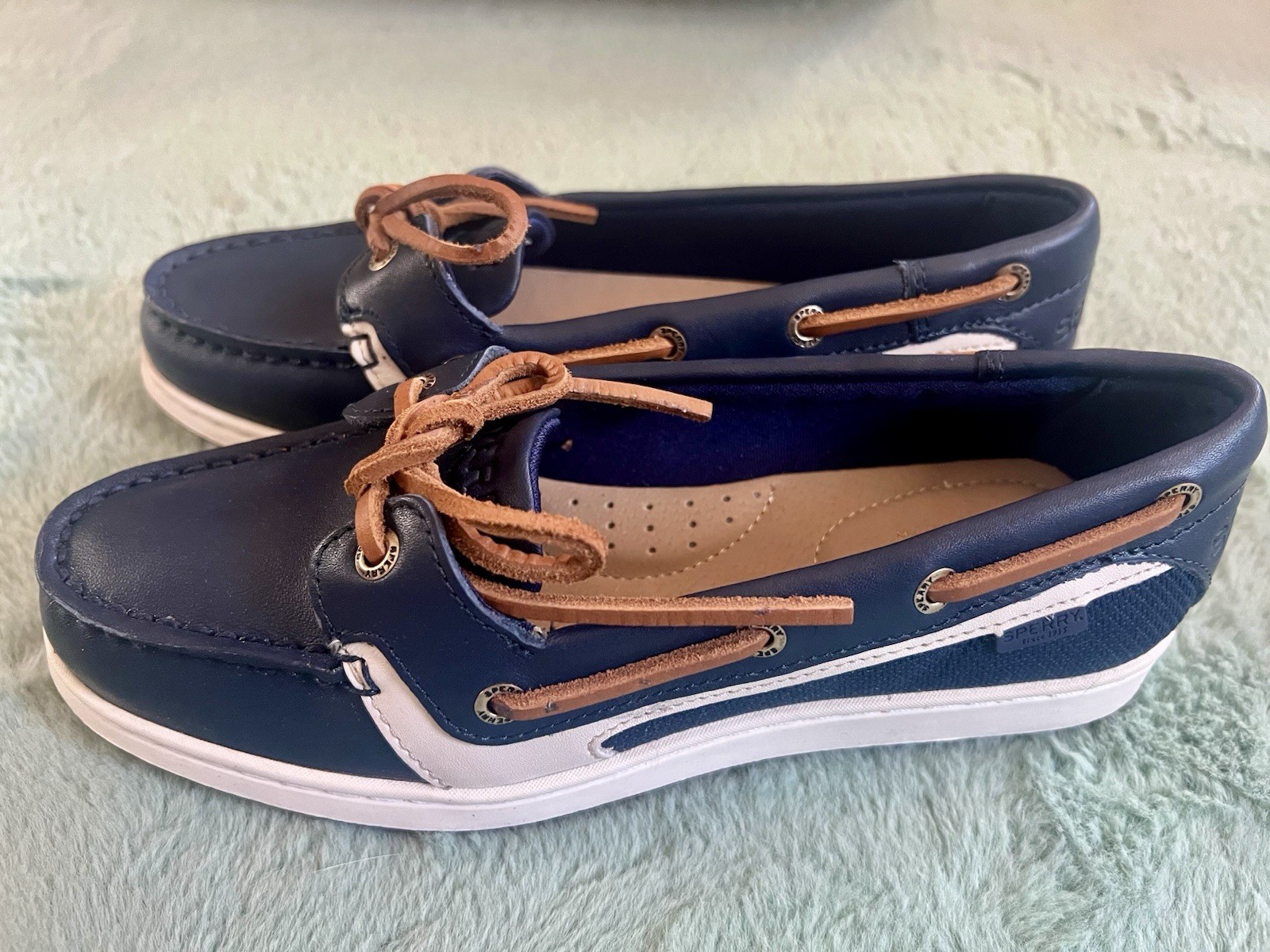 Sperry Top-Sider Starfish Leather Boat Shoes Navy/Tan Lace-Up 5M STS86211