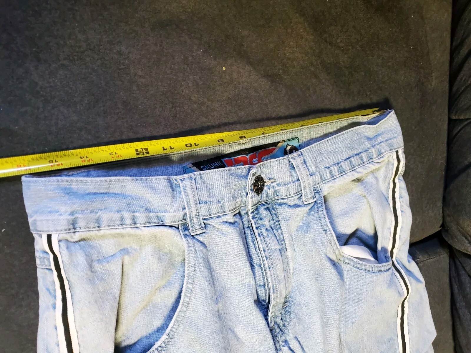 90’s Vtg Side Stripe JNCO SKUNK Blue Denim Wide Leg Jeans Men 16 Waist 42 Length