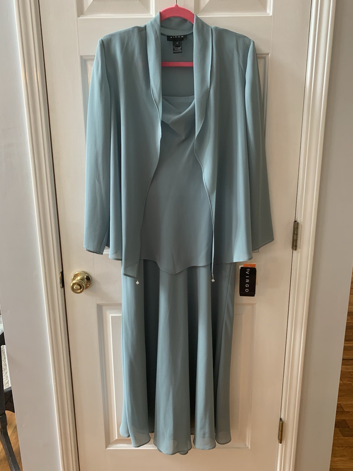 Gorgeous Virgo Sage Size 14 2-Pc Chiffon Outfit Set Cowl Neck Top Skirt Beaded