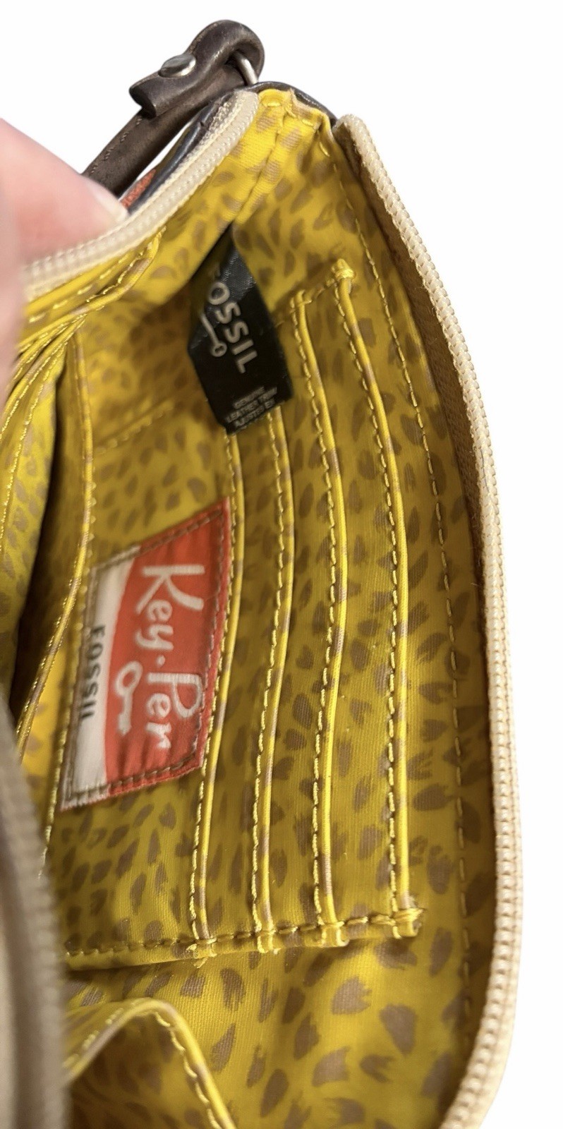 Fossil “Key-Per” Gently Used Floral Coated Canvas Wristlet w/ Leather Trim