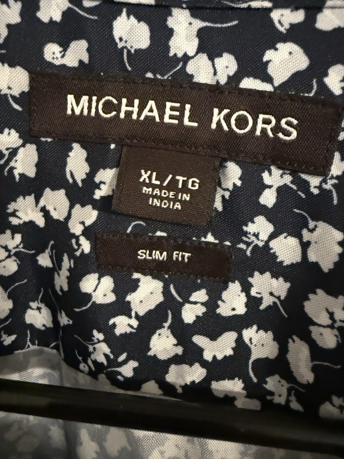 Michael Kors Short Sleeve Button Down Shirt XL Slim Fit Dark Blue/White Floral
