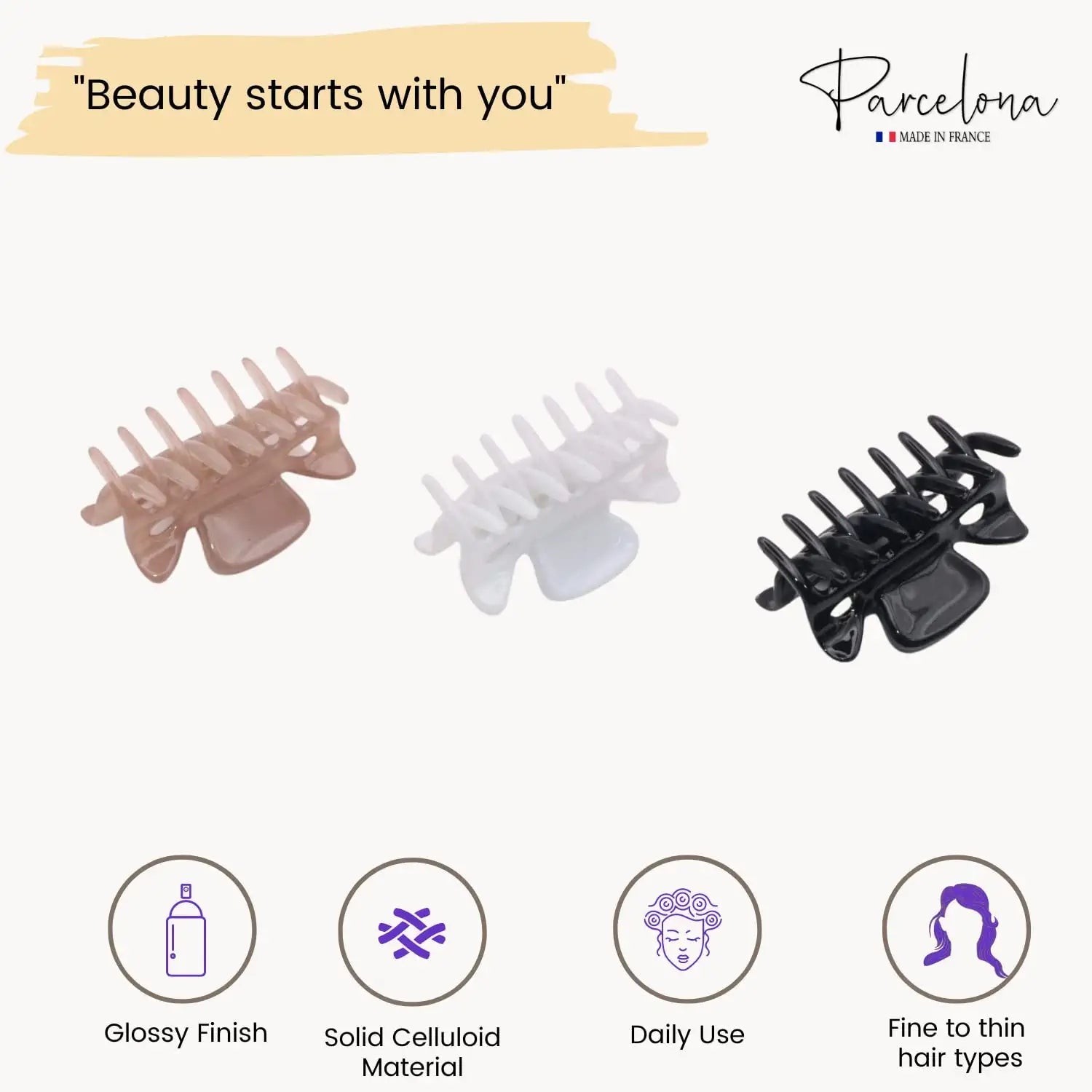 Parcelona French Classic 1.5″ Small Celluloid Set of 3 Hair Claws for Women