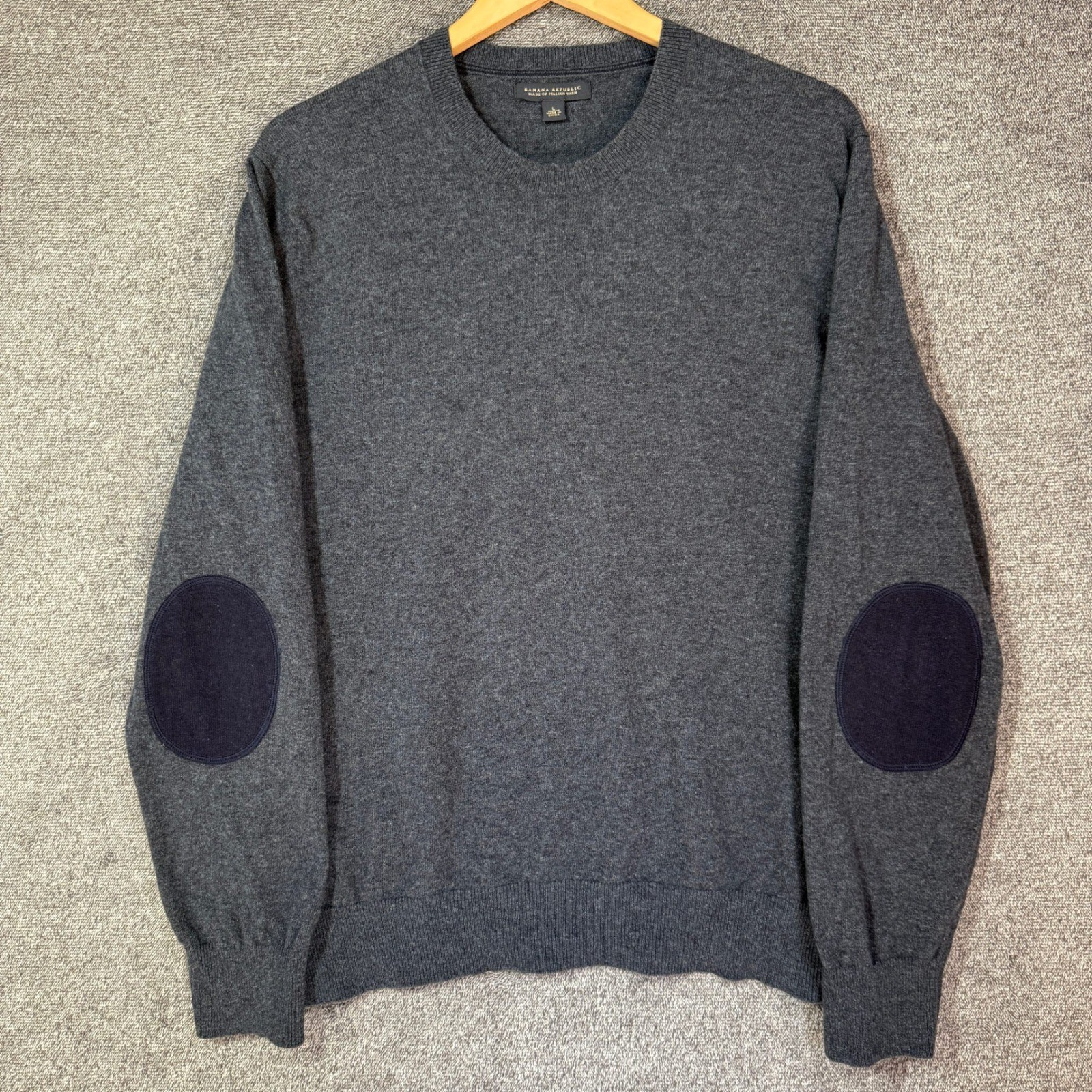 Banana Republic Mens Wool Blend Crewneck Sweater Elbow Patches Gray Large