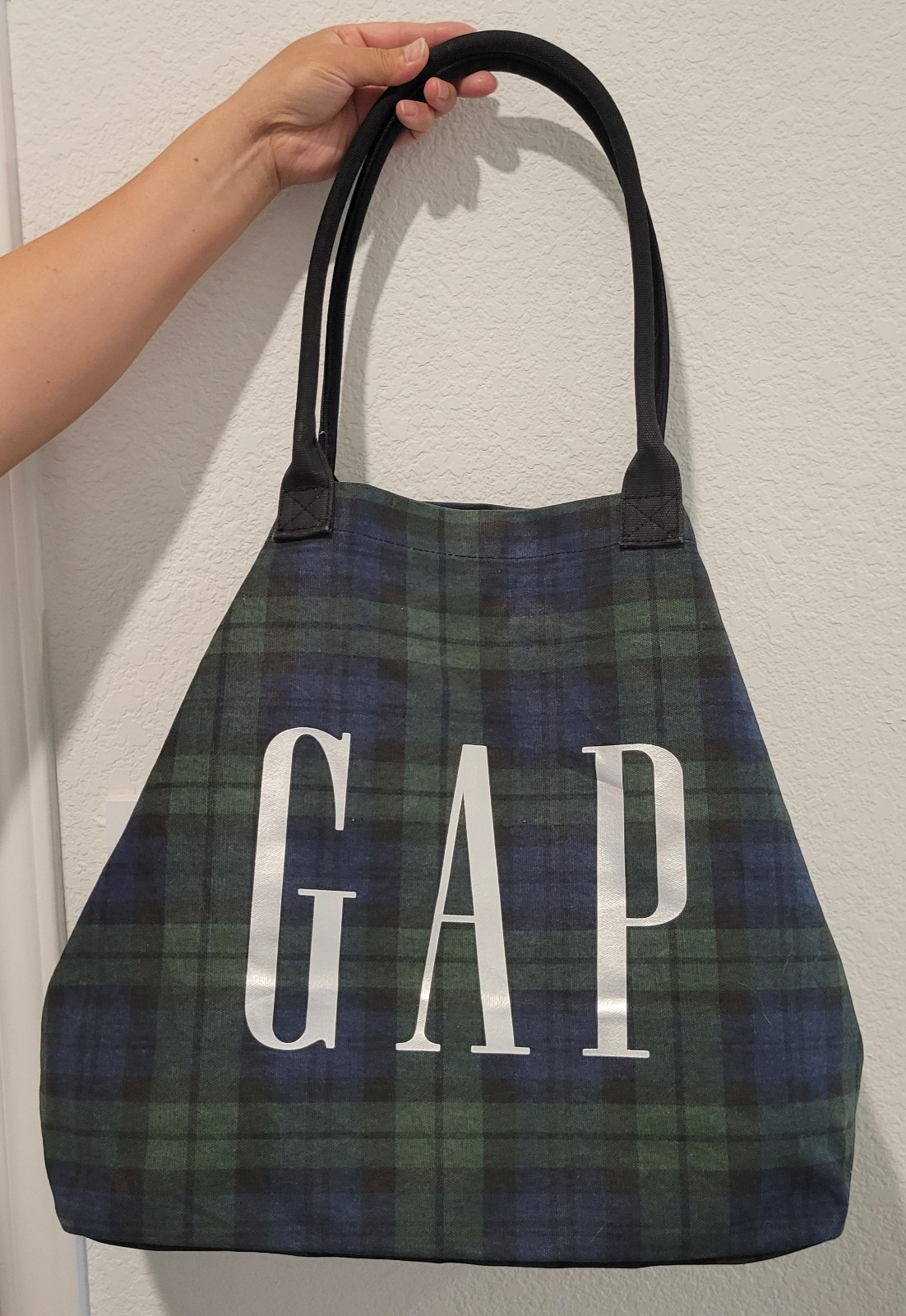 Gap Tote Bag Tartan Plaid Green Silver Logo Cotton 16 x 11 x 4.5 inches