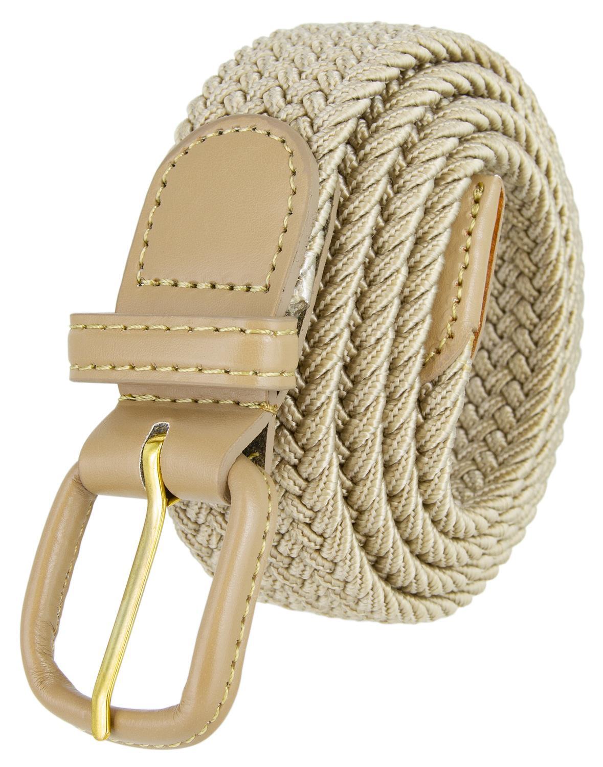 Beige Belt Leather Covered Buckle Woven Elastic Stretch Belt 1-1/4″ Wide
