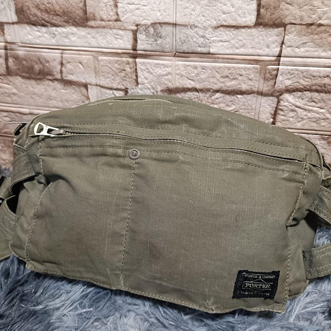 Authentic PORTER Military Body Bag 34x17x13cm Khaki Grunge 2Way with Wear
