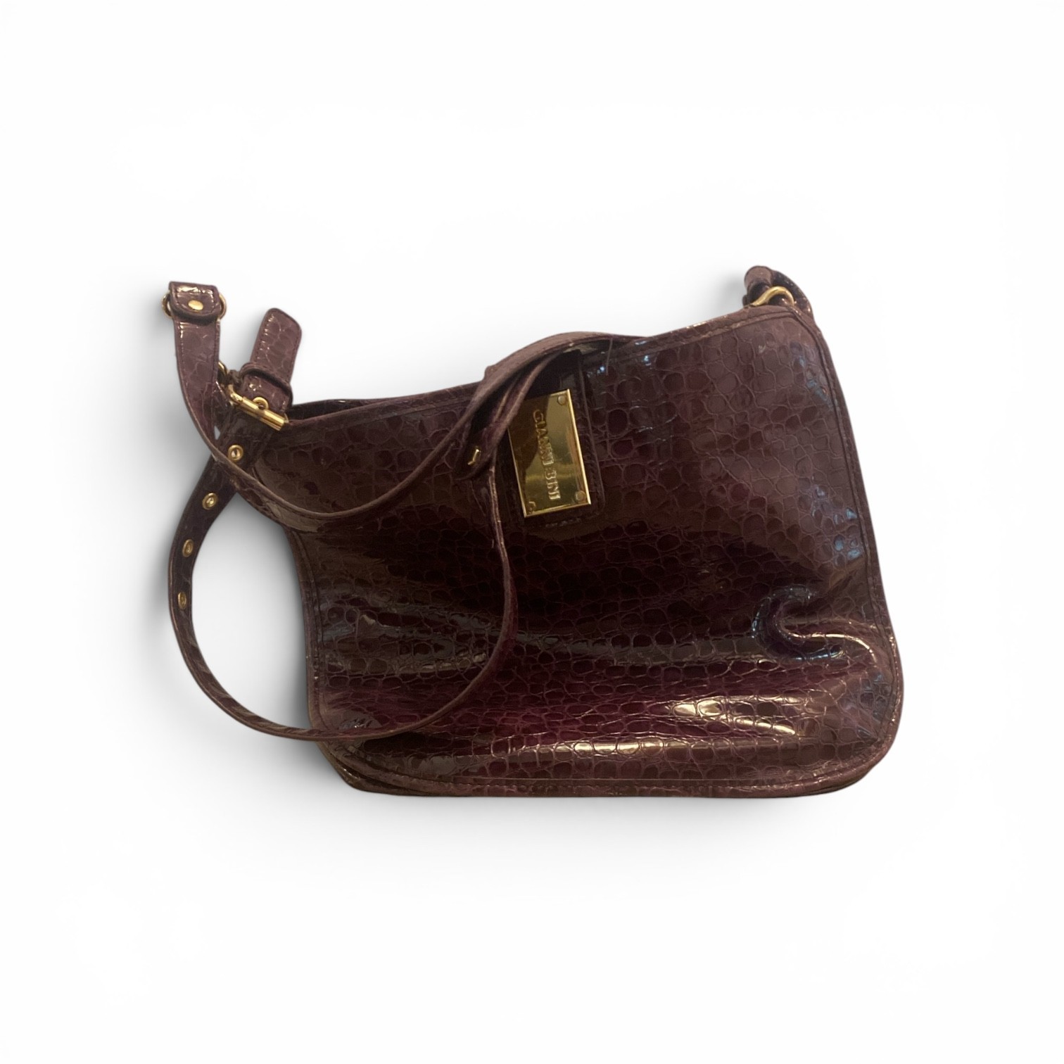 Gianni Bini Purple Croc Embossed Patent Leather Shoulder Bag Gold Hardware