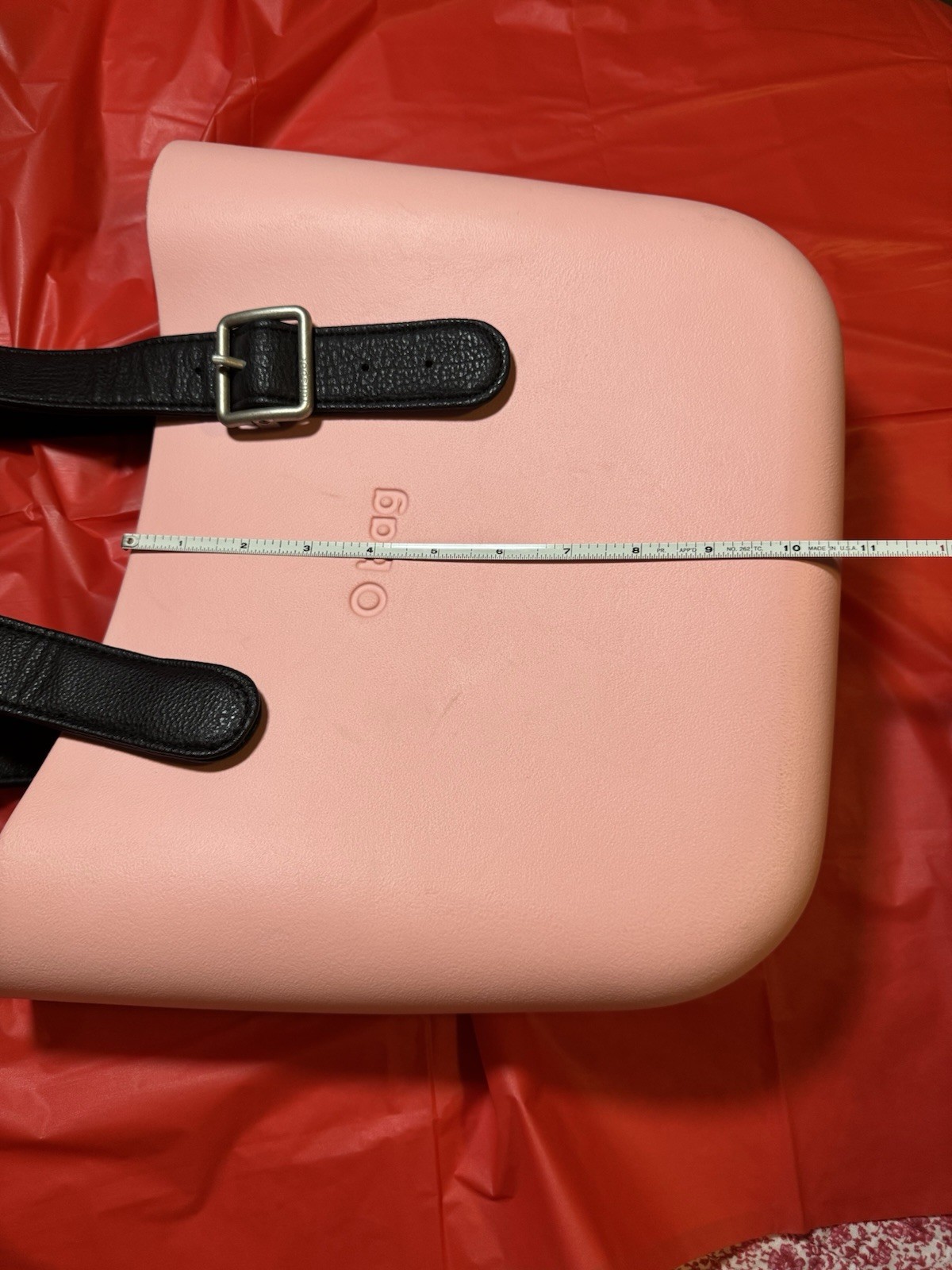 O bag Pink Tote Handbag Black Leather Double Handles Zip Lined Pouch Pockets
