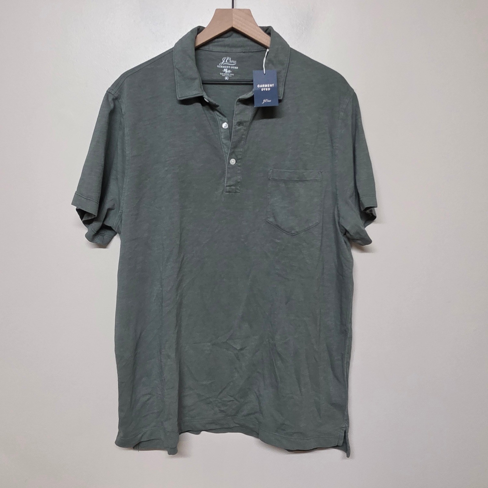 New J Crew Men’s XL Green Garment Dyed Slub Cotton Pocket Polo Shirt J1851