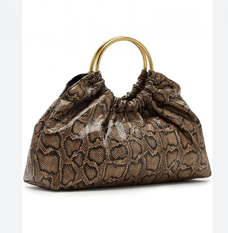 REBECCA MINKOFF Madeleine snake print round handle small satchel – Brown