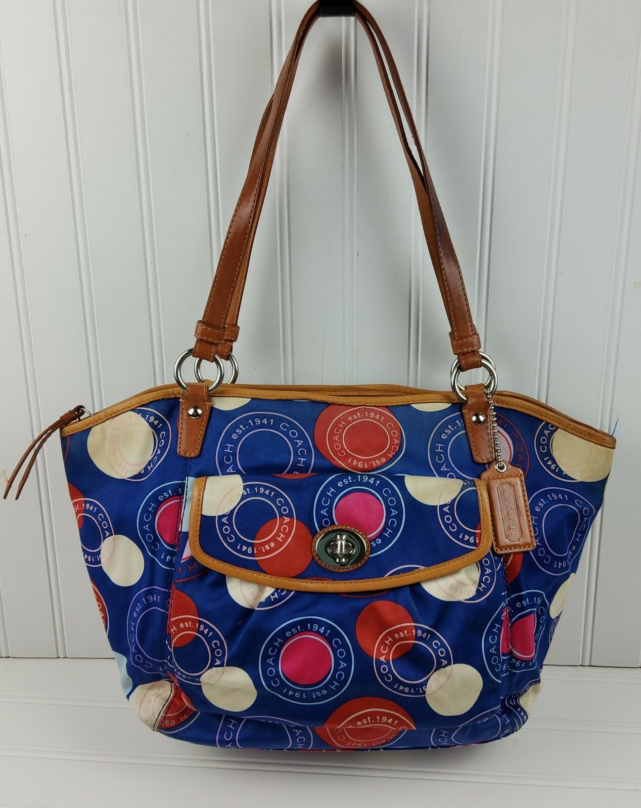 COACH Polka Dot Leah F14667 Blue White Red Shoulder Handbag Purse with Pouch