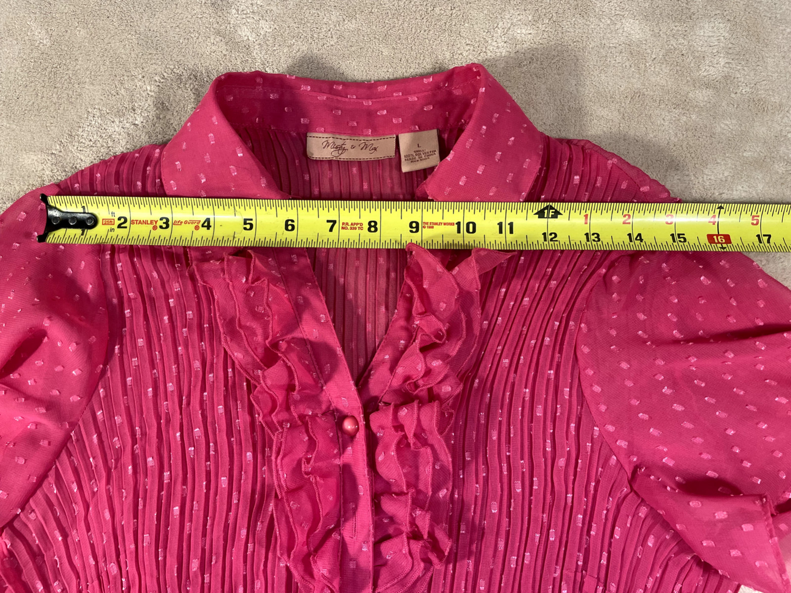 Misty & Max Sz L Women’s Sheer Pink Button Ruffle Collar Blouse Shirred Cuff