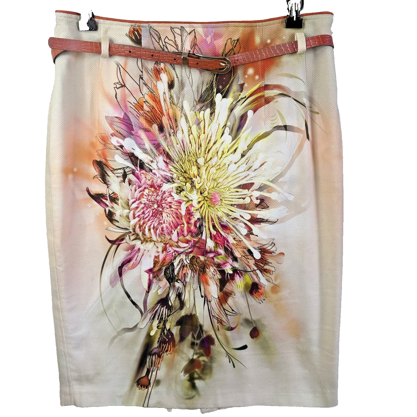 APANAGE Women’s Cream Floral Knee Length Cotton Belted Pencil Skirt Sz 8/10