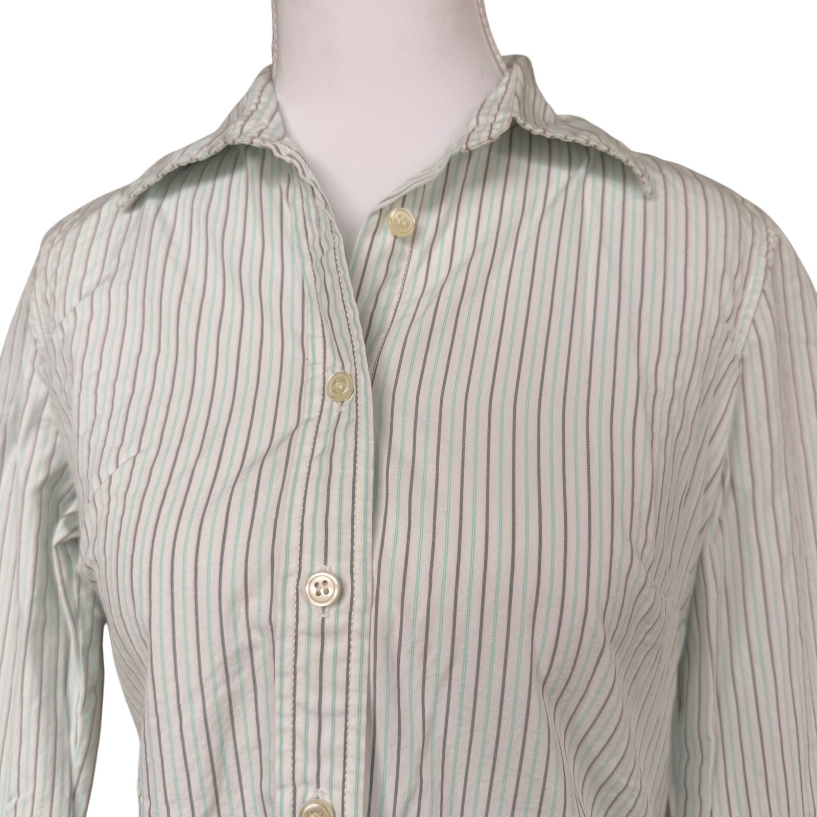 J.Crew Womens Small Teal Grey Striped 100% Cotton 3/4 Sleeve Button Down Shirt