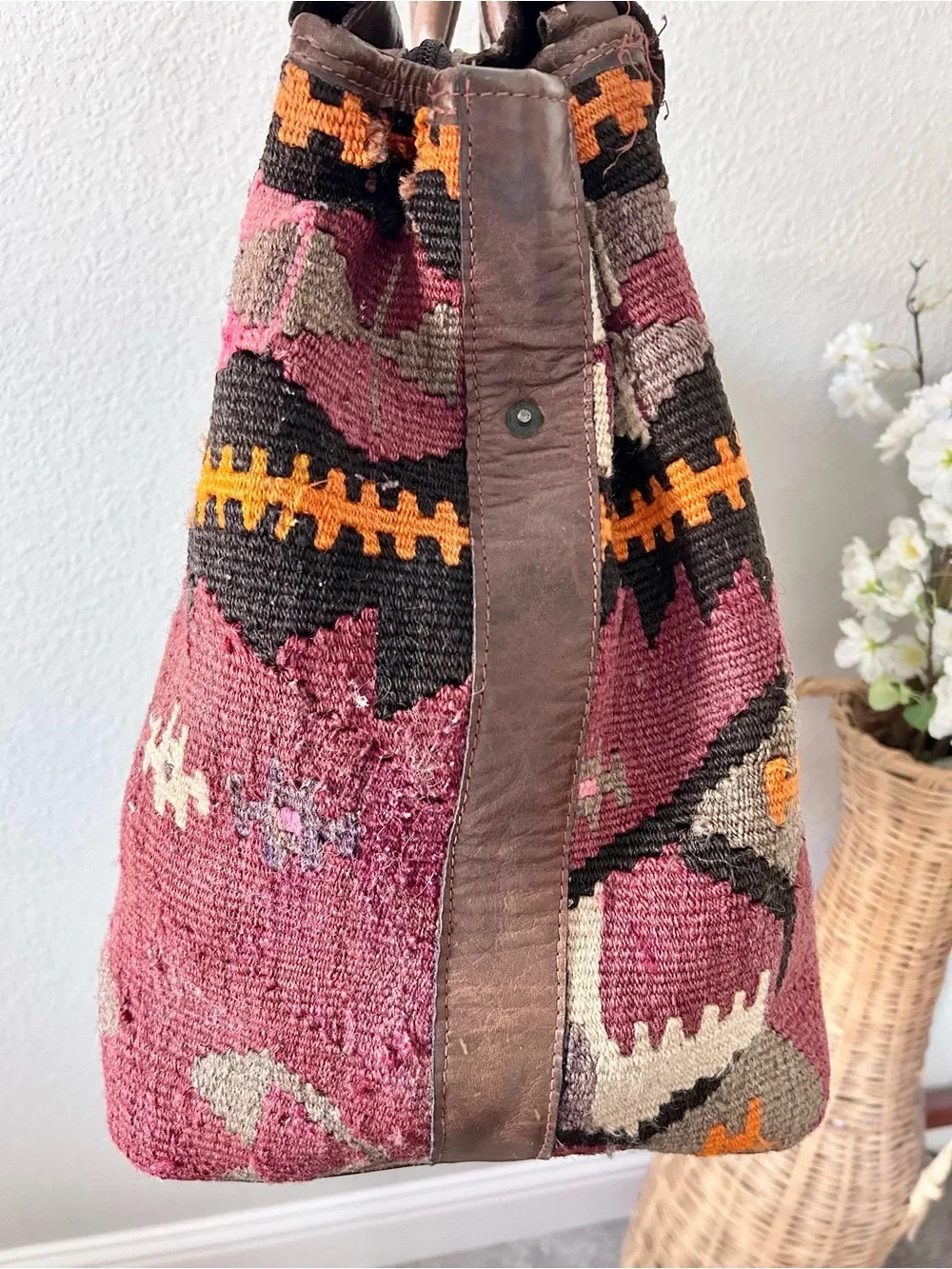 Turkish Anatolian Rug Bag with Leather Details Handmade Vintage Aztec Travel