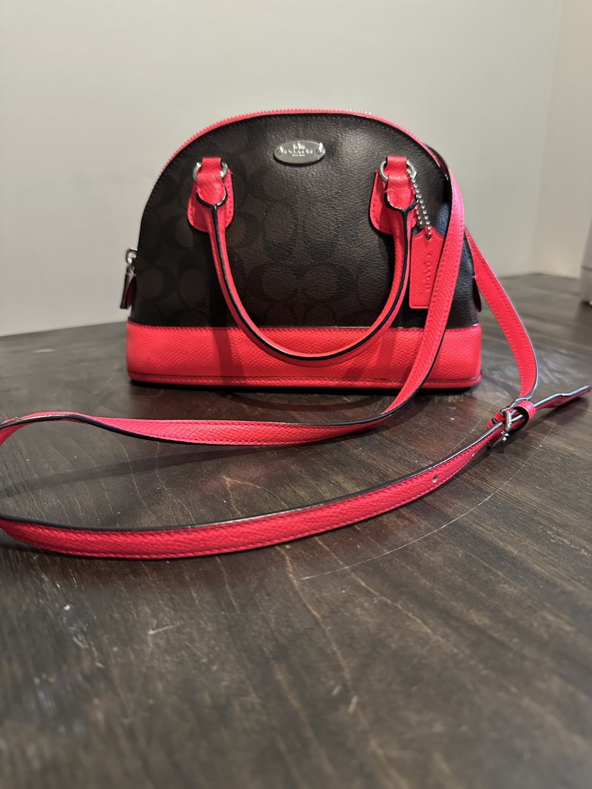Coach Mini Sierra Satchel Crossbody Purse Brown Signature Canvas Pink Trim