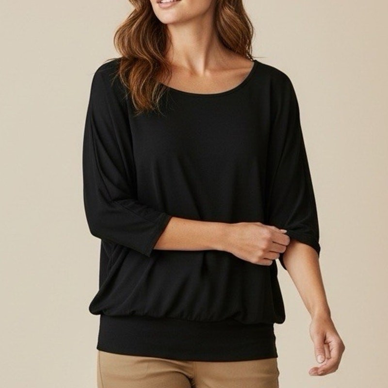 Chicos Travelers 3 Top XL Black Dolman Sleeve Banded Hem Pullover Minimalist