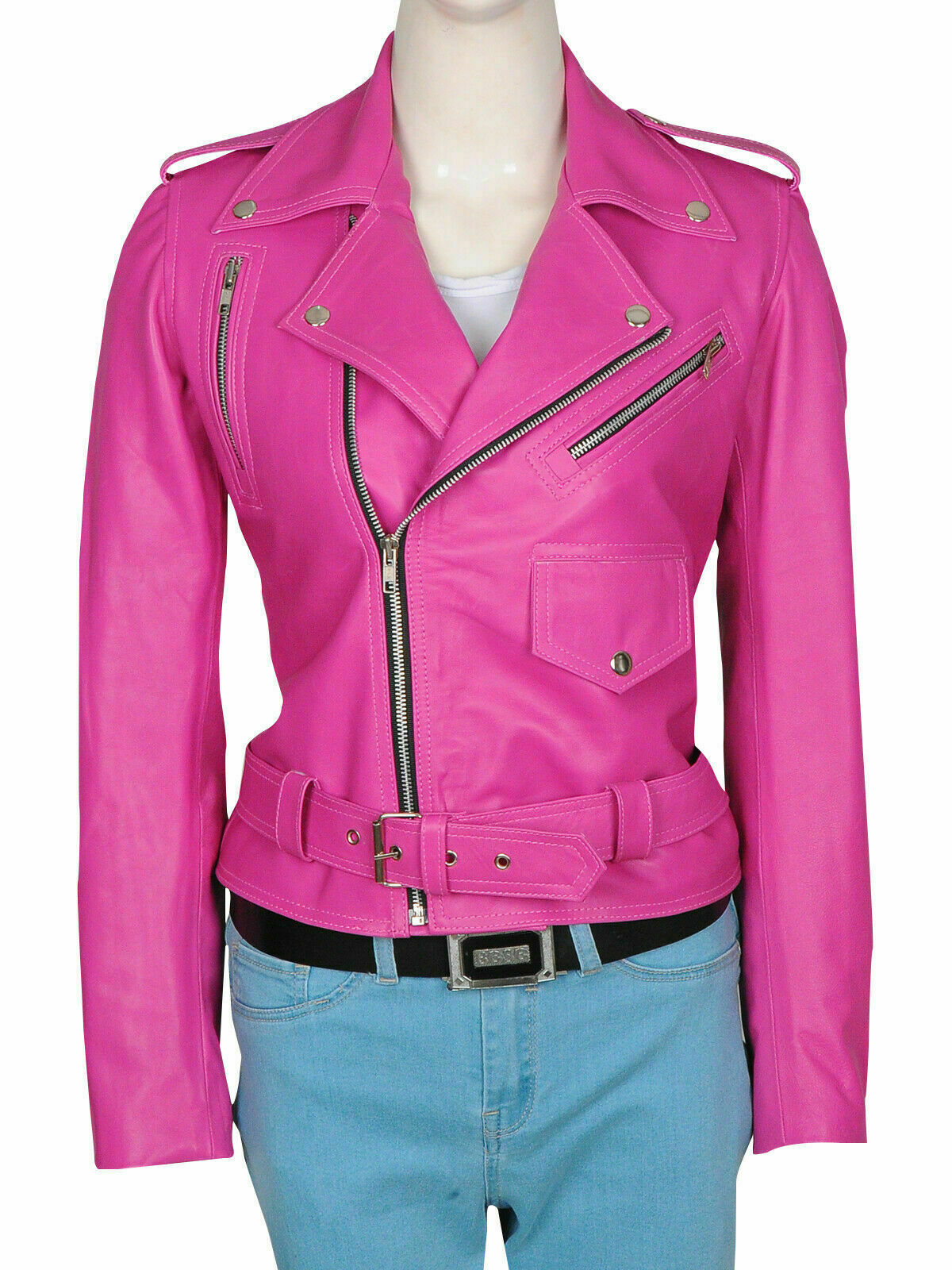 Women’s Pink Leather Motorcycle Jacket Genuine Lambskin Belted Biker Moto Coat