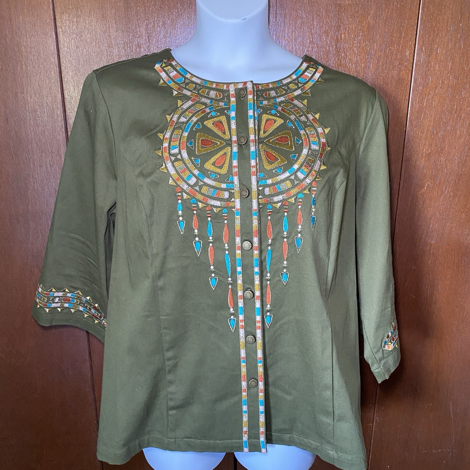 Bob Mackie Wearable Art Embroidered Southwestern Aztec Cotton Green Top 2X