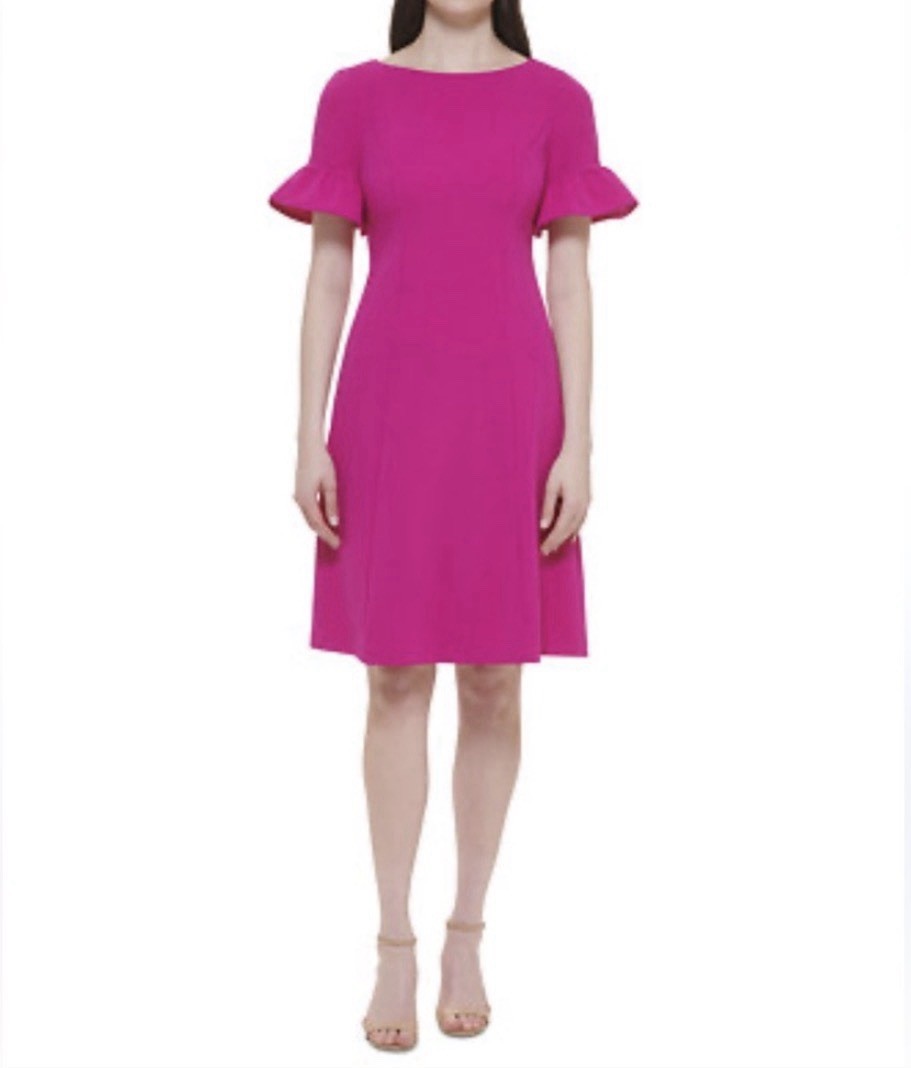 Jessica Howard Ruffle Short Sleeve Fit & Flare Midi Pink Magenta Dress Plus 14W