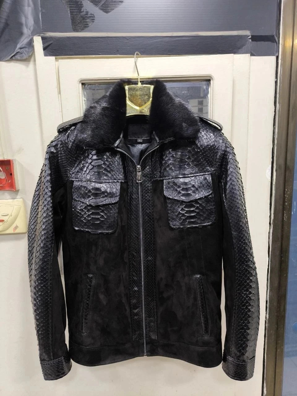 Men’s Black Python Snakeskin Suede Leather Jacket Fur Collar Luxury Exotic Coat