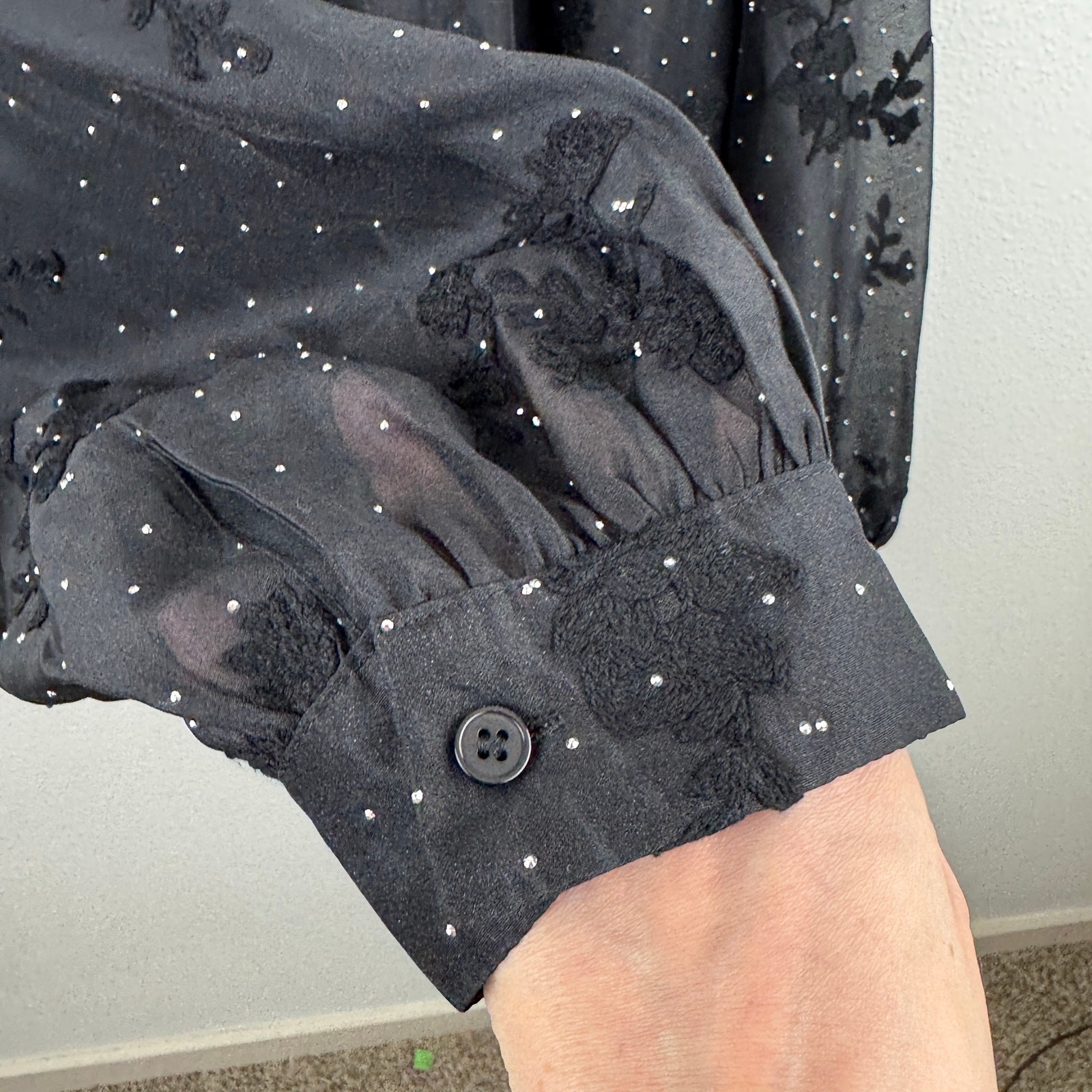 Ultra Pink Black Sheer Embroidered Rhinestone Blouse L Romantic Goth Dark