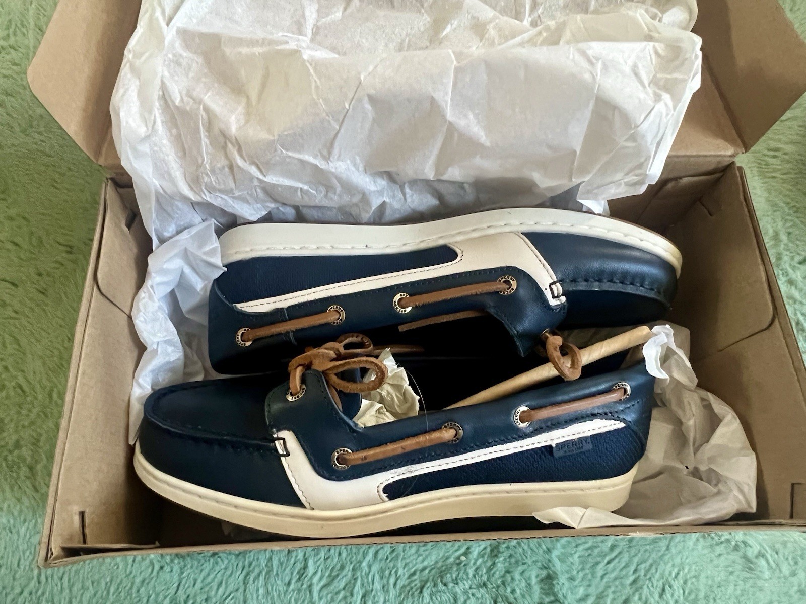 Sperry Top-Sider Starfish Leather Boat Shoes Navy/Tan Lace-Up 5M STS86211