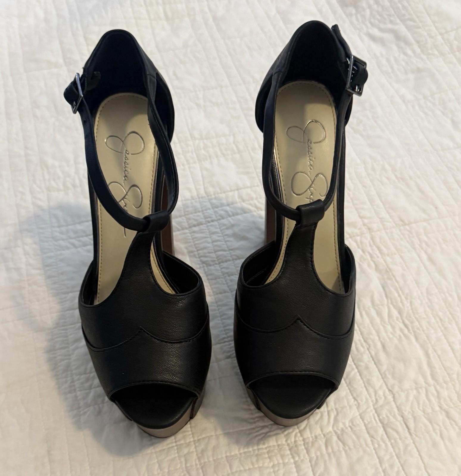 Jessica Simpson Black Leather Platform T-Strap Buckle Sandals Women’s 7M