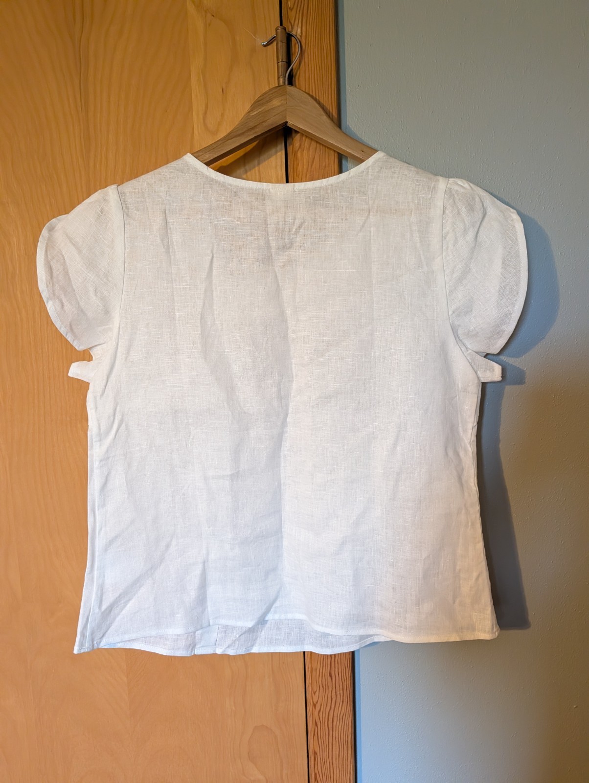 Lintico 100% Linen Crescent Collar Flutter Sleeve Top FARA Women’s M Optic White