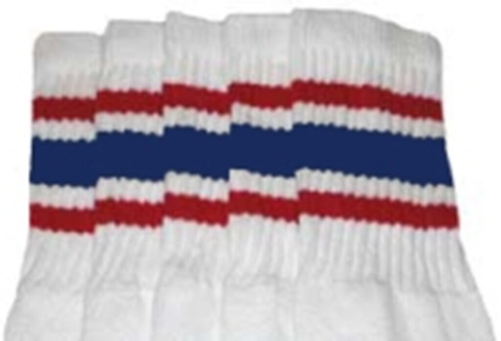 19” MID CALF WHITE tube socks with RED/ROYAL BLUE stripes style 3 (19-77)