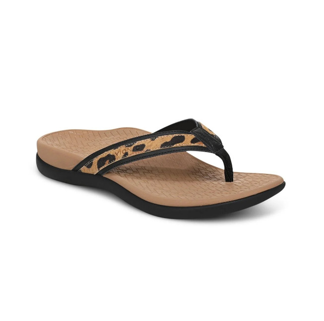 VIONIC Womne’s Tide 2.0 Toe Post Sandal, Black Leopard Print Suede