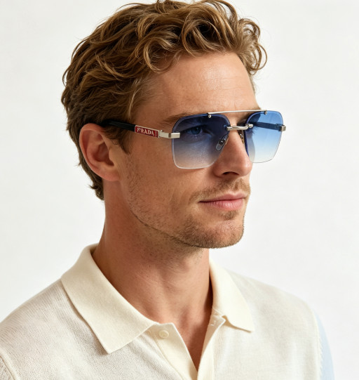 Prada 6874 Rimless Aviator Sunglasses Silver Frame Blue Gradient Lens 58-18-143