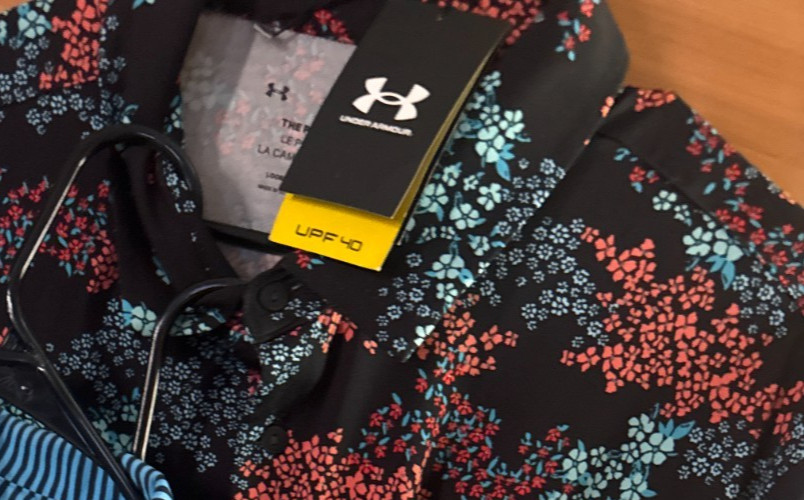 NWT Under Armour Playoff Polo Shirt Mens XL Floral Leaf Golf Black Blue Coral