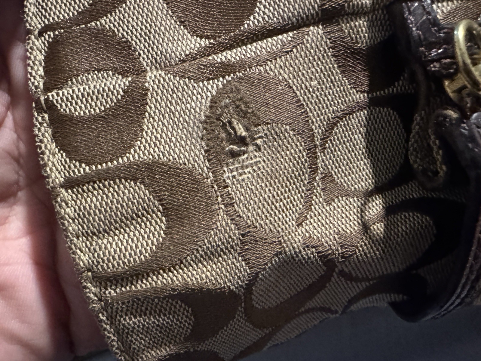 Coach Signature Logo Zip Tote Bag. Brown Tan Large Double Handles Gold HW.