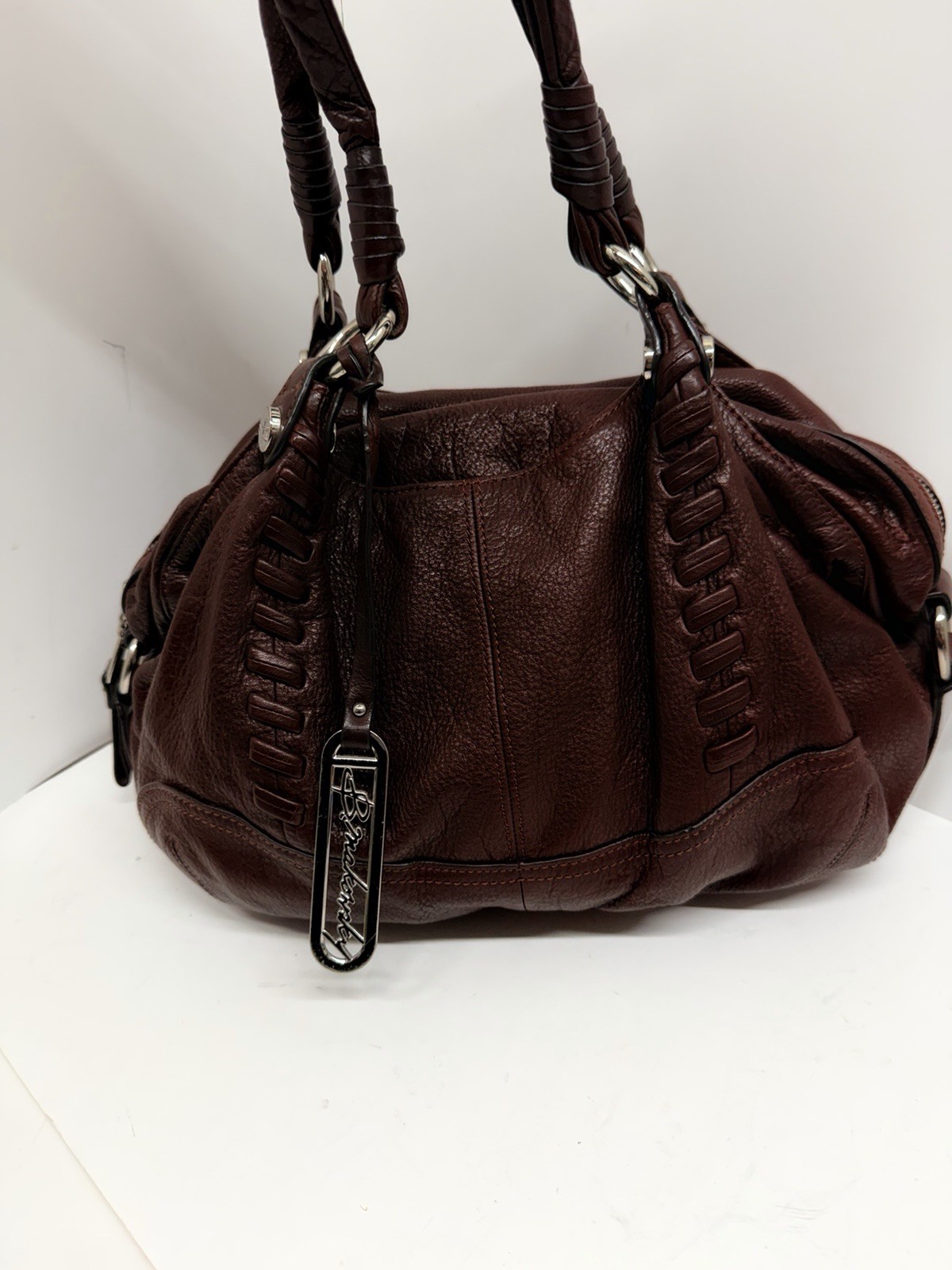 B. Makowsky Brown Pebbled Leather Shoulder Bag Satchel Purse Braided Handles