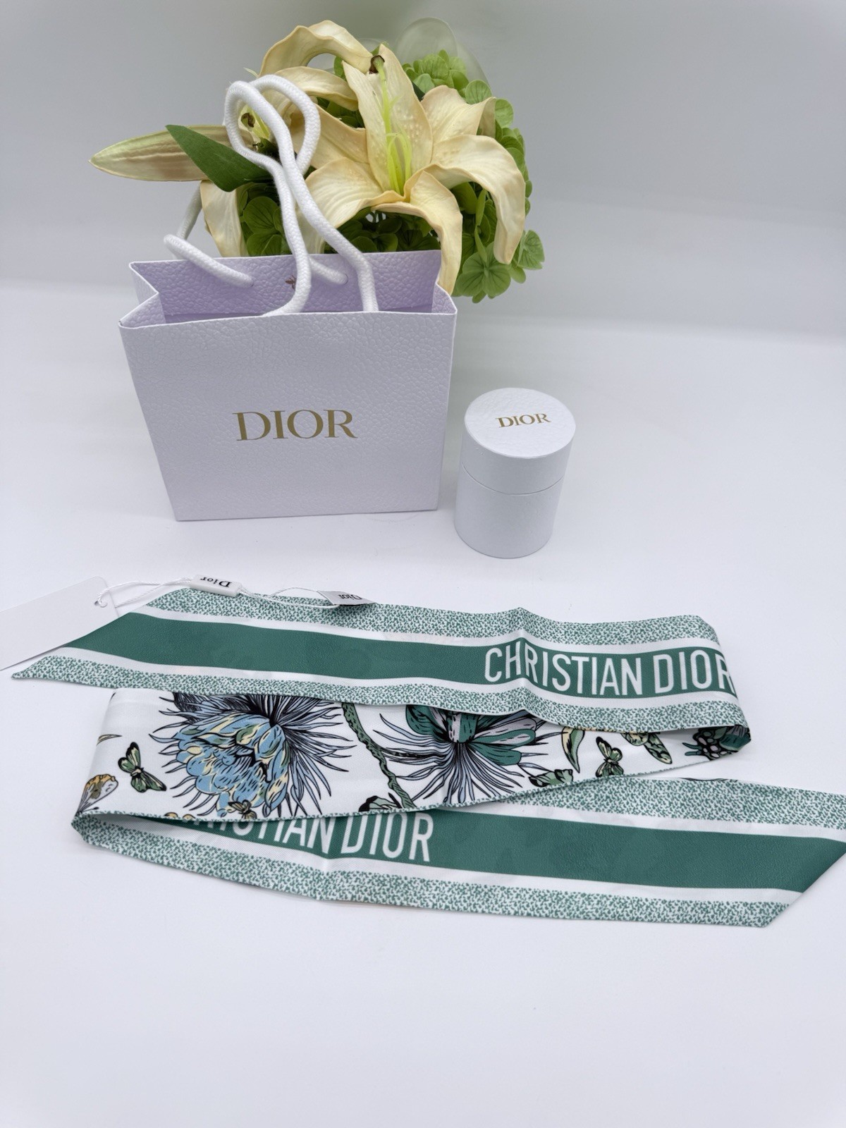 Christian Dior GWP Silk Ribbon Scarf Green Floral Butterfly Print 41.3″ Gift Box