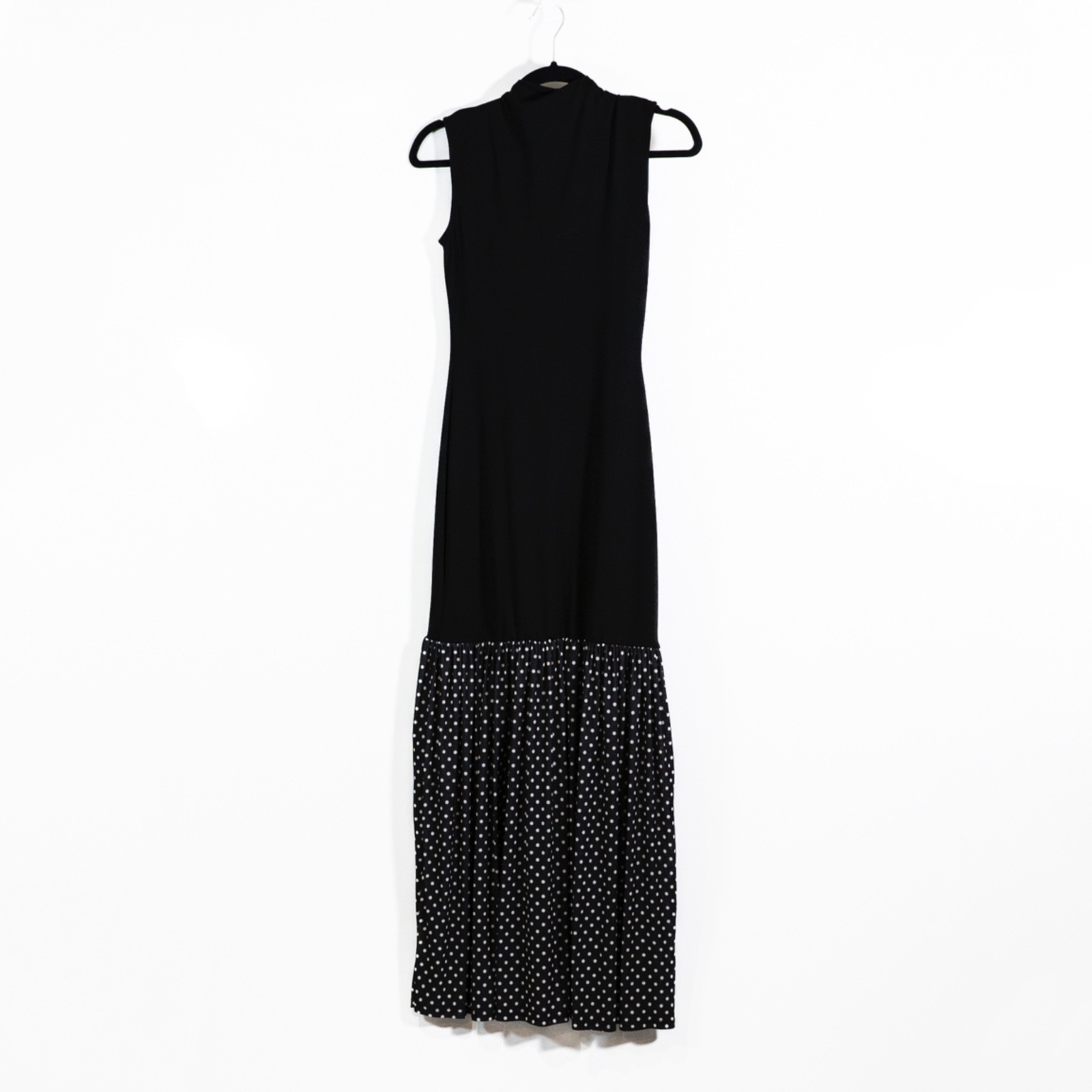 ASOS Design Stretch Knit Drop Waist Chiffon Pleated Polka Dot Maxi Dress Black