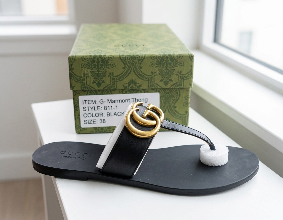 Gucci Women’s Web Stripe Flip Flop Sandals Gold GG Logo Size 9us Black