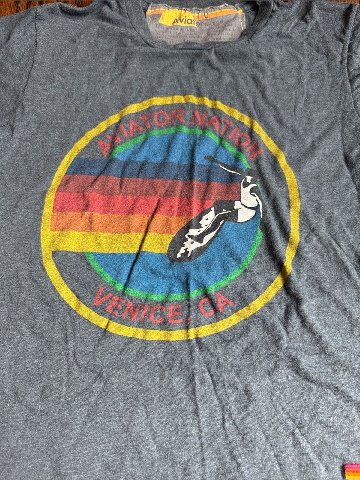 Aviator Nation Charcoal Tee with Yellow, Red, Blue & Green Graphic kids size 10