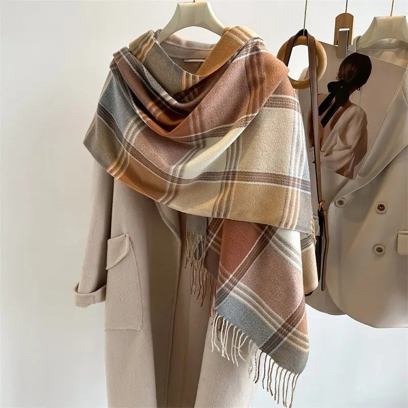 Women Plaid Cashmere Shawl Poncho Winter Pashmina Wrap Scarf Tassel