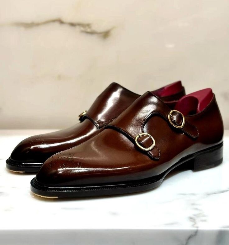 Brown Shoes, Handmade Men Double Buckle Leather Shoes, Dress Office Shoes