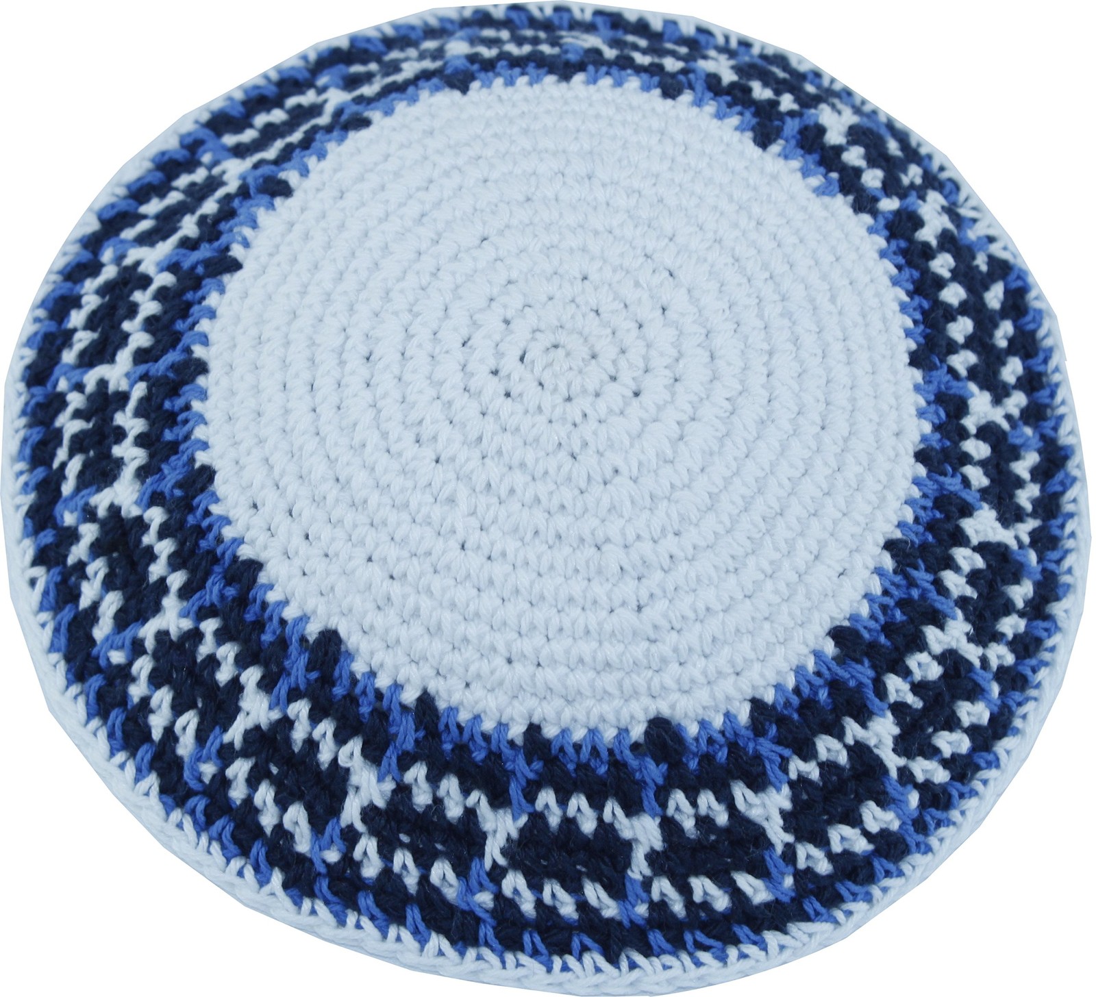 White / Blue model III, 17cm DMC 100% Knitted Cotton Kippah Yarmulke SkullCap