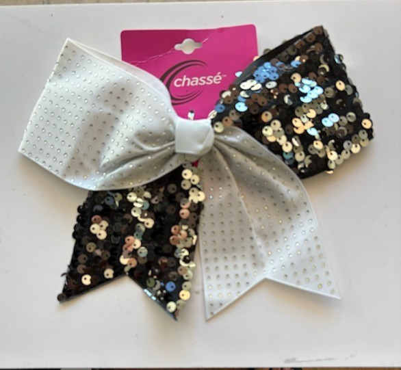 Chasse Sequin Cheer Hair Bow, Black & White, Brand New w/Tags