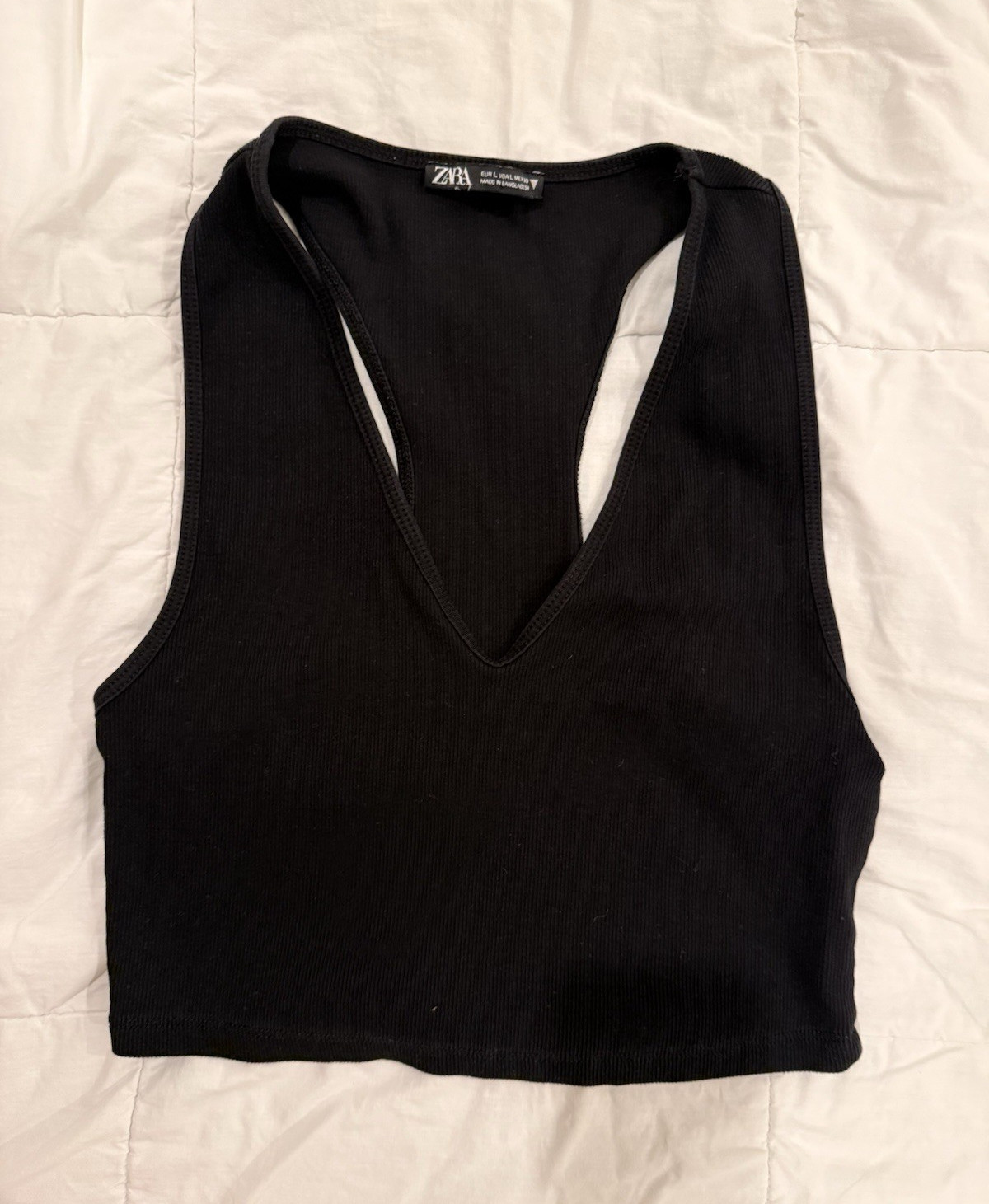 Zara Women’s Black Ribbed Cotton Cropped Racerback V-Neck Tank Top L