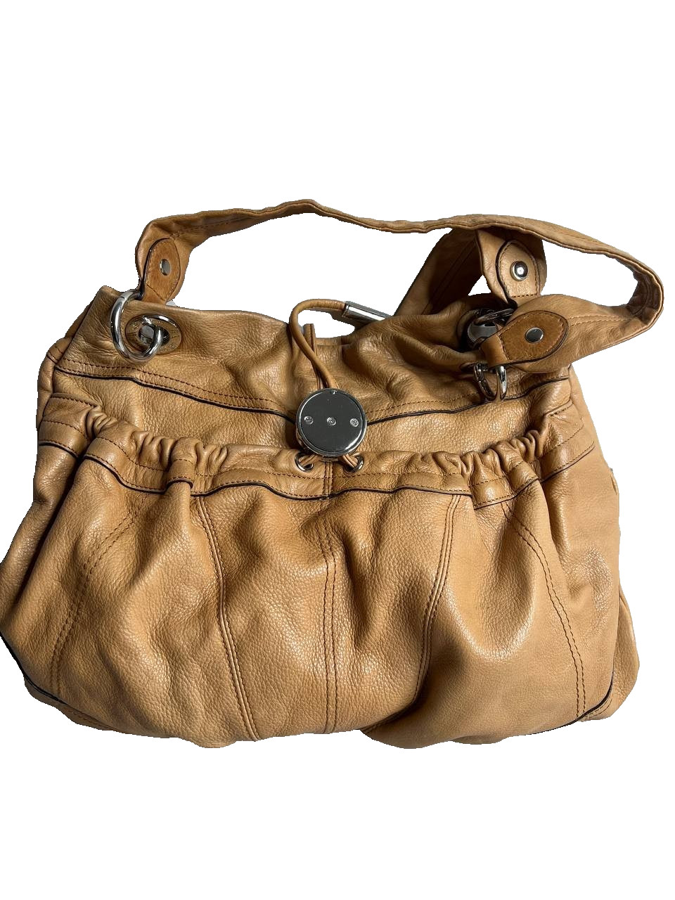 B. Makowsky Tan Leather Shoulder Bag Hobo Purse Slouchy Silver Hardware