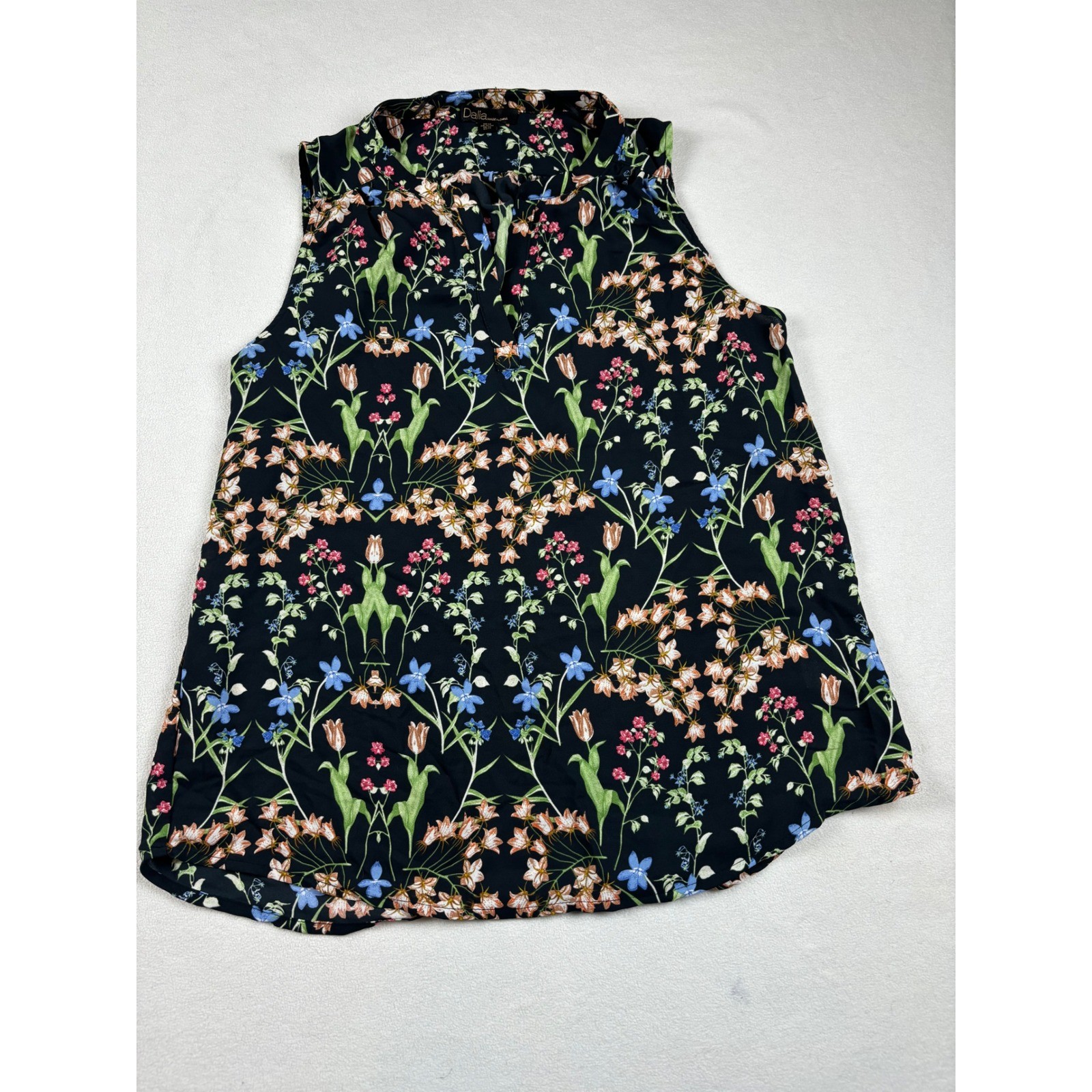 Dalia Womens Sleeveless Floral Blouse Black Multi Color Split Neck Top Size M